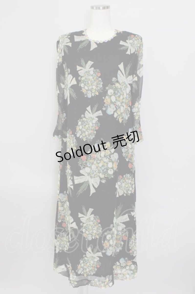 画像1: 【SALE】KANEKO ISAO / フラワーブーケリボン長袖ワンピース  黒Ｘグリーン T-24-02-18-043-EL-OP-HD-ZT360 (1)