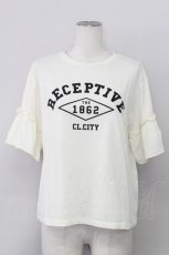 画像1: 【SALE】E hyphen world gallery PEACE / フリルスリーブカレッジプリントTシャツ  アイボリー T-24-03-19-028-LO-TO-IG-ZT414 (1)
