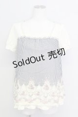 axes femme / 巻きバラ付きストライプ柄プルオーバー M 紺 T-24-06-13-005-AX-TO-SZ-ZT275