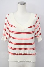 画像1: 【SALE】F&A / Vネックボーダー半袖ニット  レッドボーダー T-24-12-04-022-LO-TO-HD-ZT391 (1)