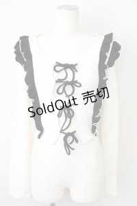 lilLilly / バイカラーフリルリボントップス  白Ｘ黒 T-25-01-12-001-LO-TO-SA-ZI