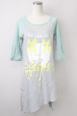 WORLD WIDE LOVE！(Rydia) / プリントラグラン五分袖Tシャツ  グレー×ミント T-25-01-26-004-PU-TS-SA-ZT033