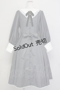 画像1: Faeriesdaffodil（海外ロリータブランド） / 襟刺繍長袖ワンピース XL グレーＸ白 T-25-02-21-025-LO-OP-SA-ZI