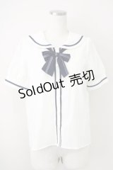 a.r.w / セーラー襟リボンタイ半袖ブラウス M 白Ｘ紺 T-25-03-14-003-LO-BL-SA-ZT