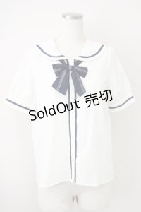 a.r.w / セーラー襟リボンタイ半袖ブラウス M 白Ｘ紺 T-25-03-14-003-LO-BL-SA-ZT