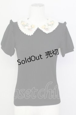 画像1: axes femme POETIQUE / フラワーリボン刺繍襟プルオーバー  黒Ｘアイボリー T-25-03-15-020-AX-TO-SA-ZT