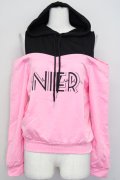 NieR Clothing / フード付きオフショルカットソー  ピンクＸ黒 T-25-03-26-008-PU-TO-SA-ZI