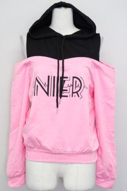 画像1: NieR Clothing / フード付きオフショルカットソー  ピンクＸ黒 T-25-03-26-008-PU-TO-SA-ZI
