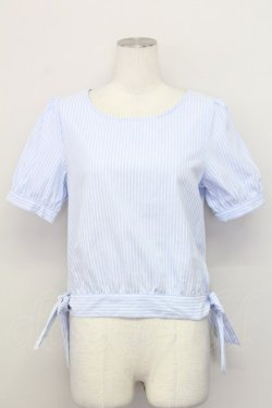 画像1: F&A / ストライプノーカラー半袖ブラウス  ブルー T-25-03-31-015-LO-BL-SA-ZT069