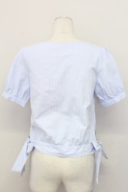 画像2: F&A / ストライプノーカラー半袖ブラウス  ブルー T-25-03-31-015-LO-BL-SA-ZT069
