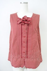 KETTY / リボンピンタックドットノースリーブブラウス  赤Ｘ白 T-25-04-21-012-EL-BL-SA-ZI