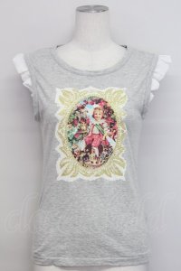 Jane Marple / 額縁プリントノースリーブカットソー  グレーＸ白 T-25-06-06-011-JM-TO-SA-ZT129