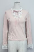 Jane Marple / ハイネックレース別珍リボンカットソー  ピンク T-25-06-06-013-JM-TO-SA-ZT