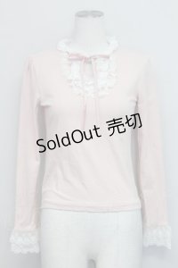 Jane Marple / ハイネックレース別珍リボンカットソー  ピンク T-25-06-06-013-JM-TO-SA-ZT129