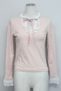 画像1: Jane Marple / ハイネックレース別珍リボンカットソー  ピンク T-25-06-06-013-JM-TO-SA-ZT