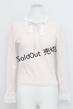 画像1: Jane Marple / ハイネックレース別珍リボンカットソー  ピンク T-25-06-06-013-JM-TO-SA-ZT129