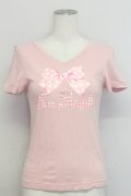 Jane Marple / ドットリボン&ギンガムロゴ半袖カットソー  ピンクＸ白 T-25-06-06-014-JM-TO-SA-ZT
