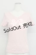 Jane Marple / ドットリボン&ギンガムロゴ半袖カットソー  ピンクＸ白 T-25-06-06-014-JM-TO-SA-ZT129