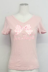 Jane Marple / ドットリボン&ギンガムロゴ半袖カットソー  ピンクＸ白 T-25-06-06-014-JM-TO-SA-ZT129