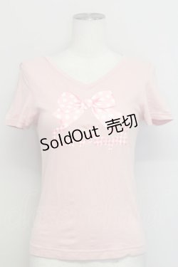 画像1: Jane Marple / ドットリボン&ギンガムロゴ半袖カットソー  ピンクＸ白 T-25-06-06-014-JM-TO-SA-ZT129