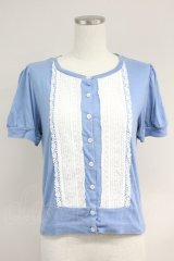 Jane Marple / フロントレース半袖カットカーディガン  青Ｘ白 T-25-06-09-015-JM-TO-SA-ZT019
