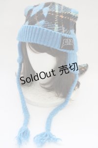 Candy Stripper / FLUFFY CHECK BUNNY EAR BEANIE  ブルー T-25-06-29-009-PU-AC-OW-ZT