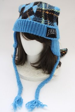 画像1: Candy Stripper / FLUFFY CHECK BUNNY EAR BEANIE  ブルー T-25-06-29-009-PU-AC-OW-ZT