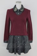 axes femme POETIQUE / ストライプブラウス重ね着風ワンピース  ボルドーＸグレー T-25-07-09-021-AX-OP-SA-ZT