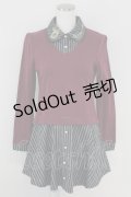axes femme POETIQUE / ストライプブラウス重ね着風ワンピース  ボルドーＸグレー T-25-07-09-021-AX-OP-SA-ZI