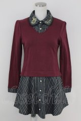 axes femme POETIQUE / ストライプブラウス重ね着風ワンピース  ボルドーＸグレー T-25-07-09-021-AX-OP-SA-ZI