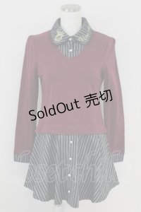 axes femme POETIQUE / ストライプブラウス重ね着風ワンピース  ボルドーＸグレー T-25-07-09-021-AX-OP-SA-ZI