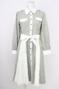 axes femme / ストライプバイカラーワンピース  アイボリーＸカーキ T-25-07-10-016-AX-OP-SA-ZI