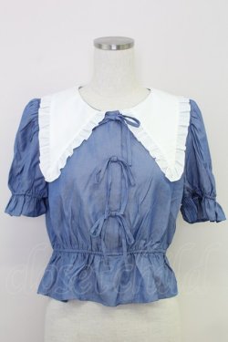 画像1: axes femme POETIQUE / ビッグフリル襟リボンブラウス  サックスＸ白 T-25-07-31-008-AX-BL-SA-ZT