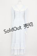 LACE MADE / フラワー刺繍長袖ワンピース M サックスＸ白 T-25-08-06-020-LO-OP-SA-ZI