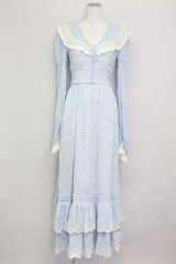 LACE MADE / フラワー刺繍長袖ワンピース M サックスＸ白 T-25-08-06-020-LO-OP-SA-ZT