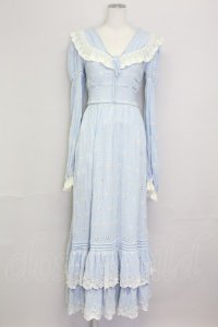 LACE MADE / フラワー刺繍長袖ワンピース M サックスＸ白 T-25-08-06-020-LO-OP-SA-ZI