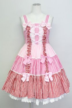 画像1: Angelic Pretty / ギンガム配色肩リボンジャンパースカート  濃ピンク×ピンク×アカ T-25-08-06-026-AP-OP-SA-ZT