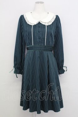 画像1: axes femme POETIQUE / レース襟ストライプ長袖ワンピース  グリーンＸ白 T-25-08-12-023-AX-OP-SA-ZT