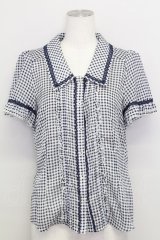 axes femme / ギンガムチェック半袖ブラウス  青チェック T-25-08-12-012-AX-BL-SA-ZT