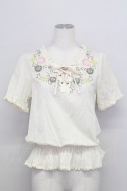 画像1: axes femme / 胸元刺繍編み上げトップス  アイボリー T-25-08-12-002-AX-TO-SA-ZT