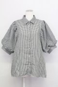 axes femme / ボリューム袖ブラウス  黒Ｘ白チェック T-25-08-12-013-AX-BL-SA-ZT