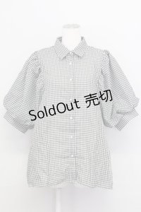 axes femme / ボリューム袖ブラウス  黒Ｘ白チェック T-25-08-12-013-AX-BL-SA-ZI