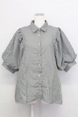 画像1: axes femme / ボリューム袖ブラウス  黒Ｘ白チェック T-25-08-12-013-AX-BL-SA-ZT
