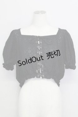 画像1: E hyphen world gallery / フロント編み上げレース半袖トップス M 黒 T-25-08-16-016-LO-TO-SA-ZI