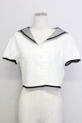 E hyphen world gallery / ドットチュールセーラー襟半袖ブラウス  白Ｘ黒 T-25-08-16-002-LO-BL-SA-ZT