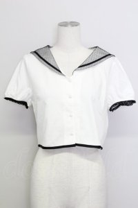 E hyphen world gallery / ドットチュールセーラー襟半袖ブラウス  白Ｘ黒 T-25-08-16-002-LO-BL-SA-ZT