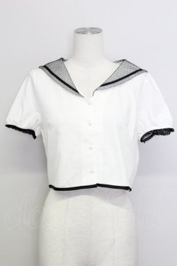 画像1: E hyphen world gallery / ドットチュールセーラー襟半袖ブラウス  白Ｘ黒 T-25-08-16-002-LO-BL-SA-ZT