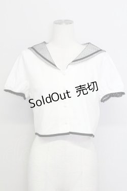 画像1: E hyphen world gallery / ドットチュールセーラー襟半袖ブラウス  白Ｘ黒 T-25-08-16-002-LO-BL-SA-ZI
