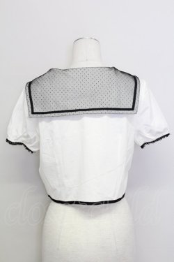 画像2: E hyphen world gallery / ドットチュールセーラー襟半袖ブラウス  白Ｘ黒 T-25-08-16-002-LO-BL-SA-ZT