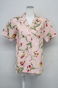 INGEBORG / チューリップギンガムチェック半袖ブラウス  ピンク T-25-08-24-004-LO-BL-SA-ZI